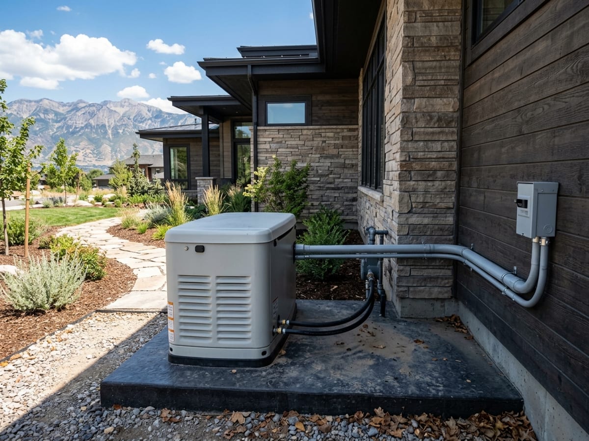 Whole-home standby backup generator installed on a concrete pad beside a modern Utah home with mountain views