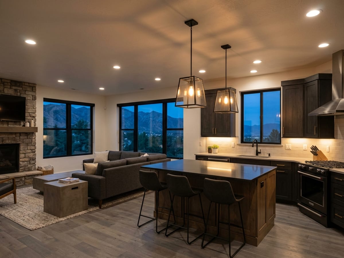 Modern Utah living room and kitchen at dusk with recessed LED can lighting, under-cabinet lighting, and pendant fixtures