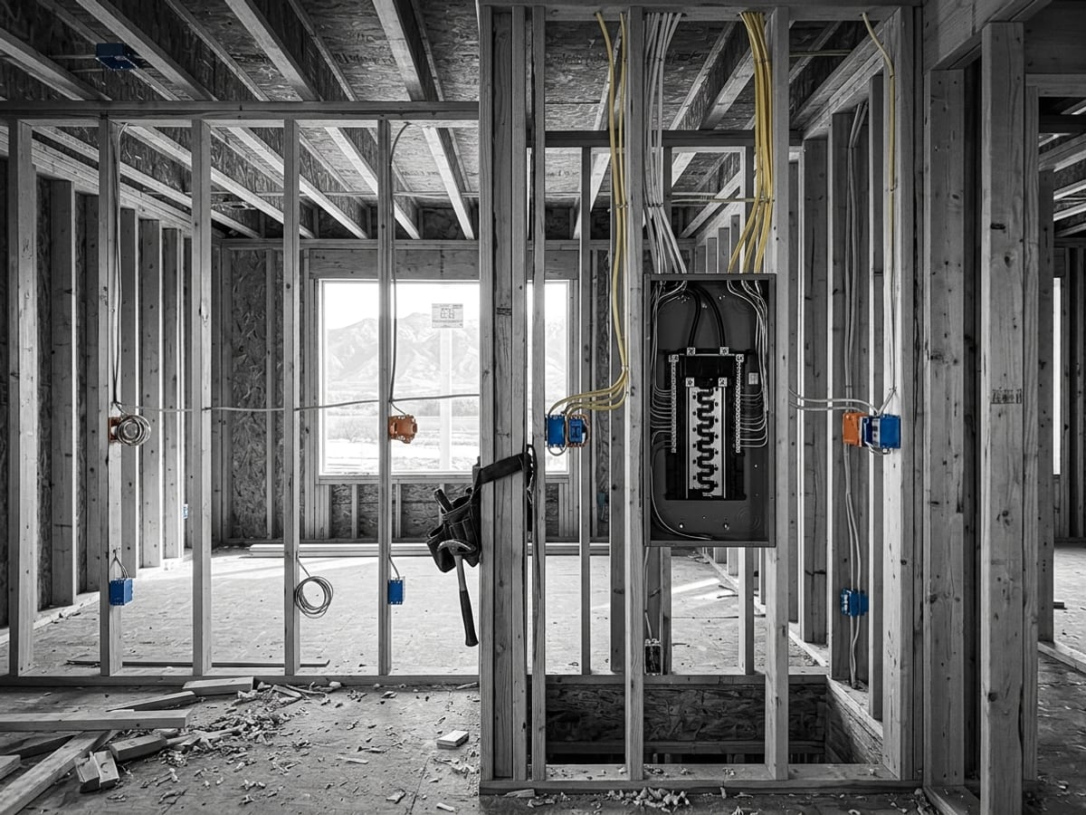 Electrical rough-in during framing — Romex wiring runs, outlet boxes, and a new breaker panel in a Wasatch Front home under construction