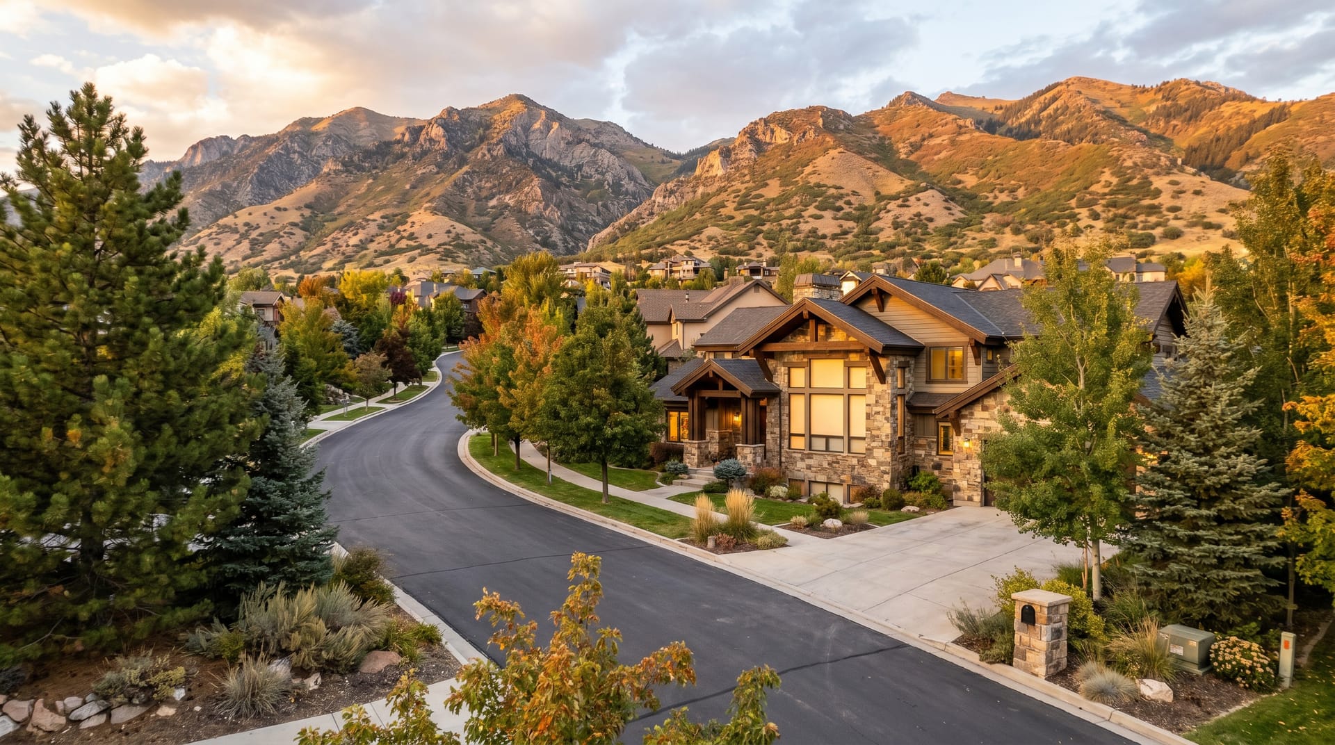 Mountain-style homes in a Wasatch foothills neighborhood at golden hour
